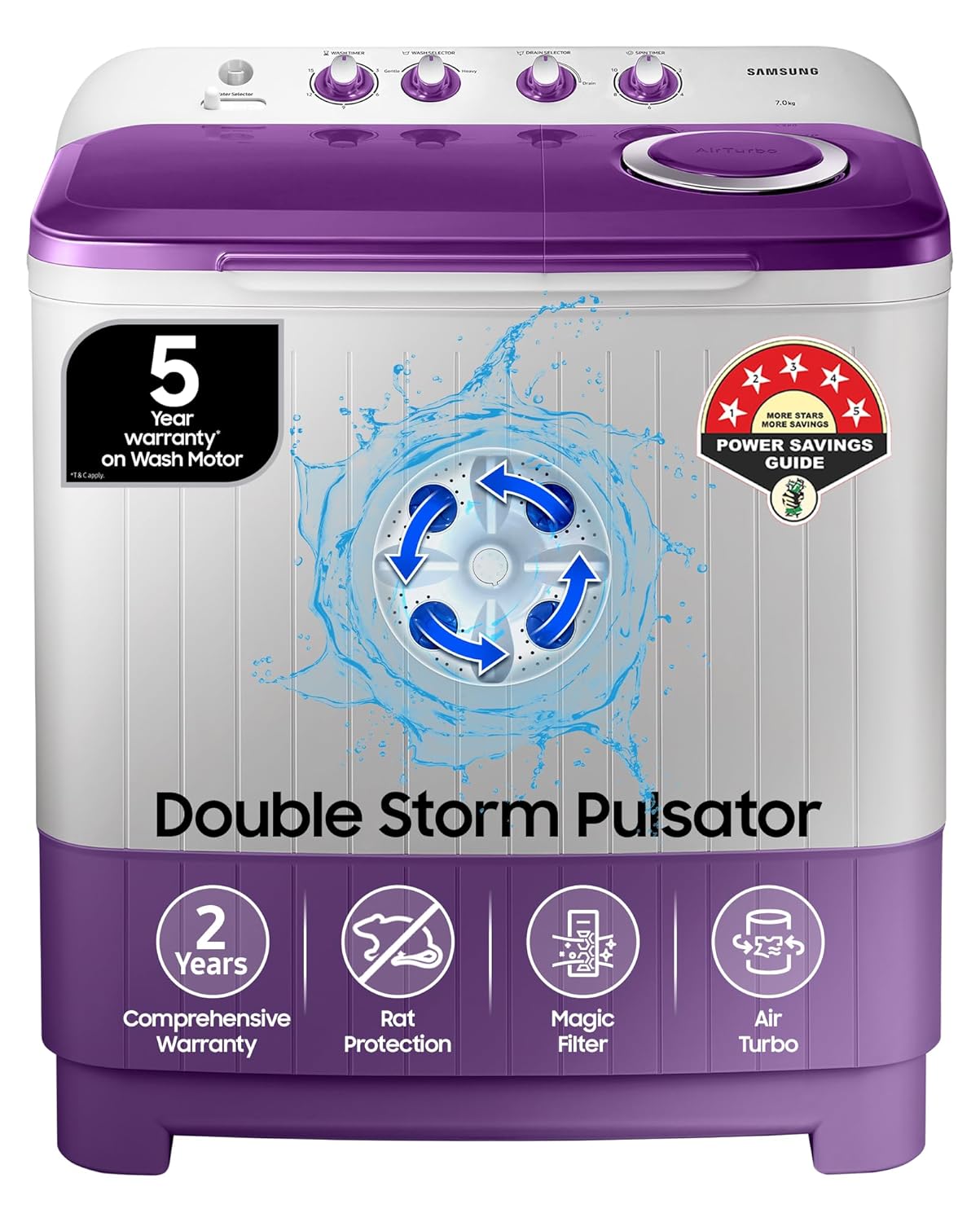 Samsung 7 kg, 5 star, Semi Automatic Top Load Washing Machine (WT70M3000UU/TL, Air Turbo Drying, LIGHT GRAY, 5 Year Warranty on Wash Motor)