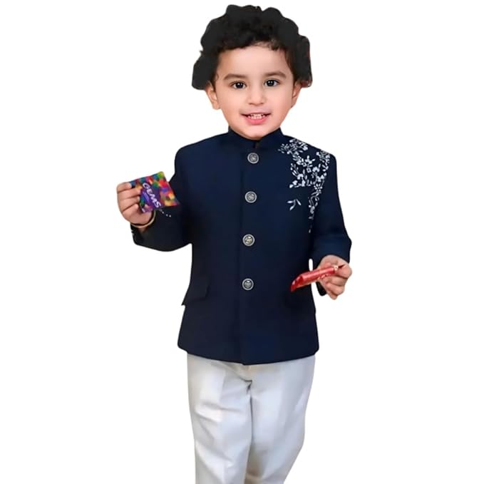 Baby Boy Sherwani Set for Wedding Festivals | Navy Blue Art Silk Embroidered Jacket with White Cotton Pant | Traditional Dress for Boys 1-8 Years