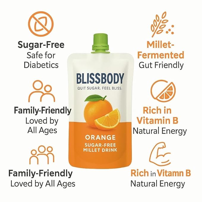 Blissbody – India’s First Sugar-Free Millet Drink | Gut-Friendly &amp;amp; Diabetic Safe | Pineapple, Mango, Orange | 200ml x 6 Pack
