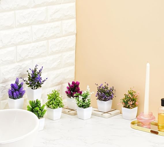 Dekorly Artificial Potted Plants, 8 Pack Artificial Plastic Eucalyptus Plants Small Indoor Potted Houseplants, Small Faux Plants for Home Decor Bathroom Office Farmhouse (Set 0F 8)