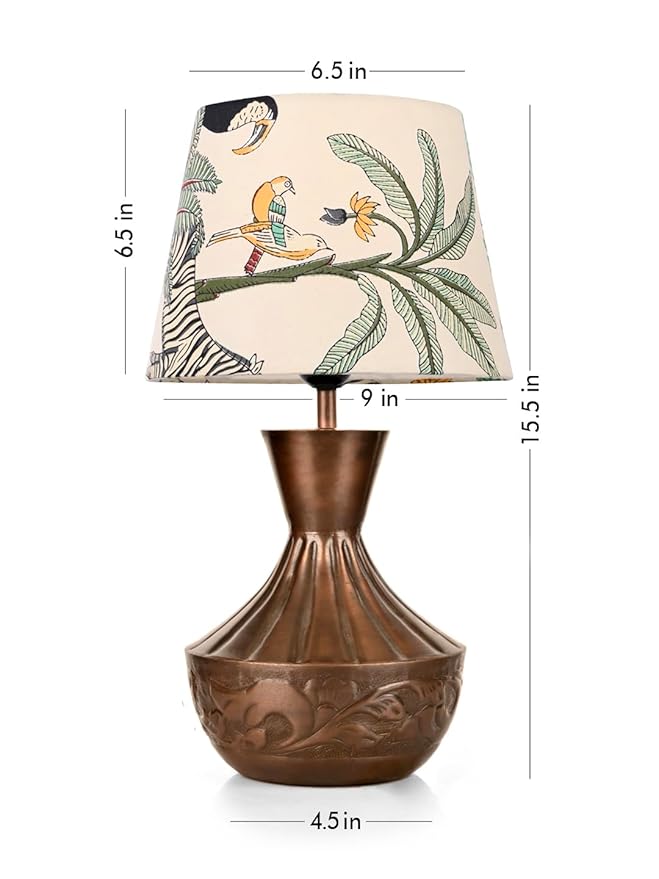 Green Girgit Copper Floral Etched Pot Lamp with Multicolor Taper Green Shade | Bedside Desk Lamps for Bedroom Living | Home Decorative Metal Night Table Lamp | Room Decor | Home Decoration