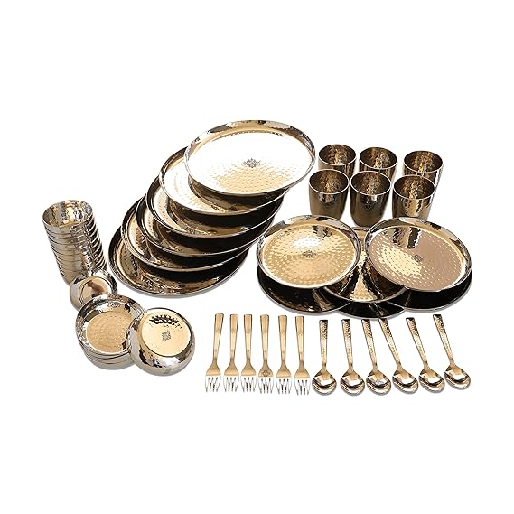 Indian Art Villa Stainless Steel Hammered 48 Pcs Oval/Round Shape Serving Set, Serveware Tableware, Dinnerware for Home and Restaurants