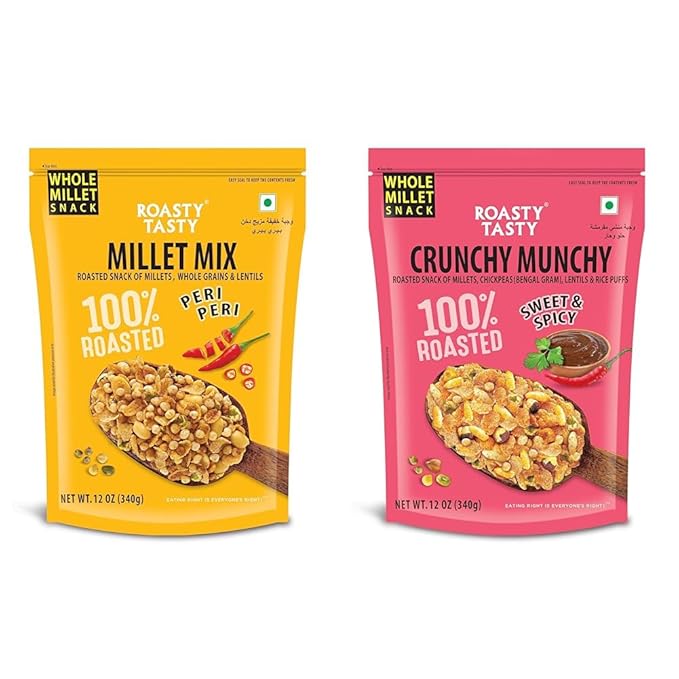 Roasty Tasty Millet Mix Peri Peri Healthy Snack of Roasted Bajra, Wheat Flakes, Moong, Masoor, Peanuts 340g &amp;amp; Crunchy Munchy Healthy Namkeen Millet Snack | No Onion No Garlic 340g