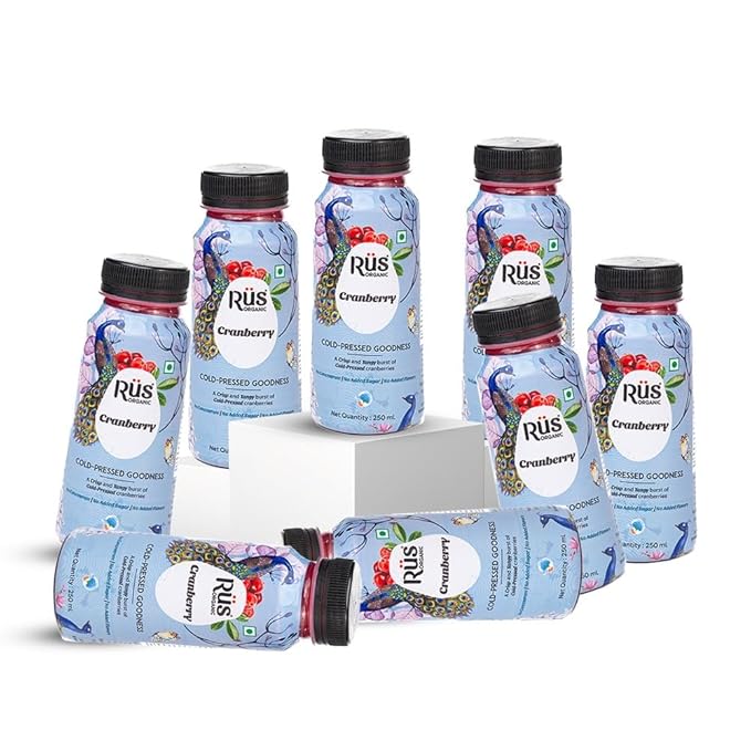 Rus Organic Cranberry Juice | Cold-Pressed 100% Natural | No Added Sugar or Preservatives | Immunity Booster | Rich in Antioxidants | Refreshing Summer Drink | Pack of 8 (250ml Each) | Travel Juice | Real Cranberries