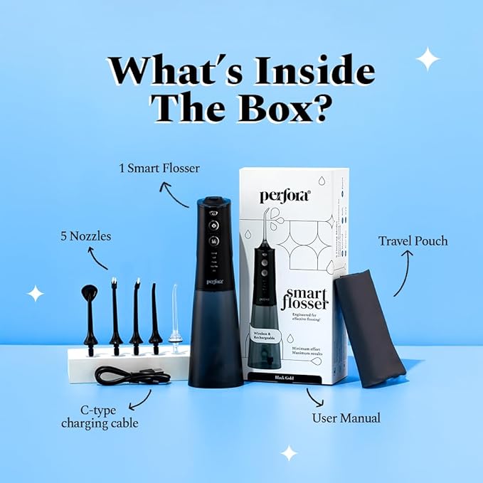 Perfora Smart Water Dental Flosser - 300ml | 2 Year Warranty | 5 Water Pressure Settings &amp; 5 Nozzles, 1500mAh Battery | Rechargeable Dental Floss for Teeth Oral Care, IPX7 Waterproof (Black Gold)