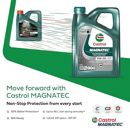 Castrol MAGNATEC 0W-20 - Engine Oil (3.5L Pack) - Full Synthetic, BS6 Ready, API SP, ACEA C2, Dualock Technology for Petrol/CNG, Hybrid and Diesel Cars