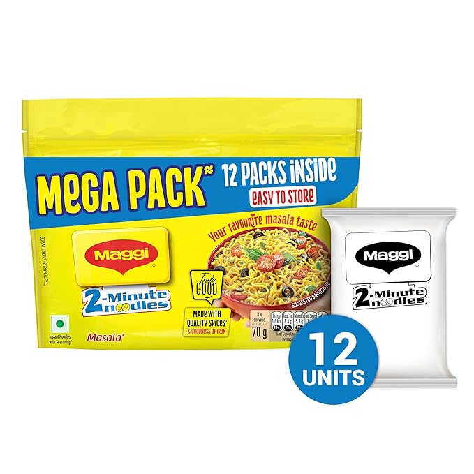 MAGGI 2-Minute Instant Noodles, Masala Noodles With Goodness Of Iron, Made With Choicest Quality Spices, Favourite Masala Taste, 840/900g Pouch (Pack of 12, 70/75g each) (weight may vary)