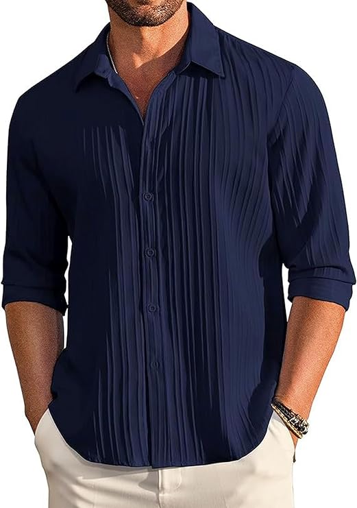 Men Casual Button Down Shirts Long Sleeve Linen Shirt Fashion Textured Beach Summer Shirt