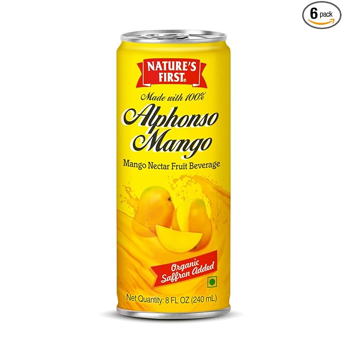 Nature First Alphonso Mango Juice (Pack of 6 x 240ml can) with Saffron, All Natural Fruit Drink, Source of Vitamin C, Rich in Fiber