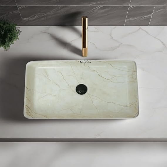 NEXIS Designer Ceramic Wash Basin For Bathroom | Over Counter Bathroom Basin | Counter Top Bathroom Sink | Wash Basin For Restaurant, Hotel (24 x 14 x 5 Inch) (Designer Cream)