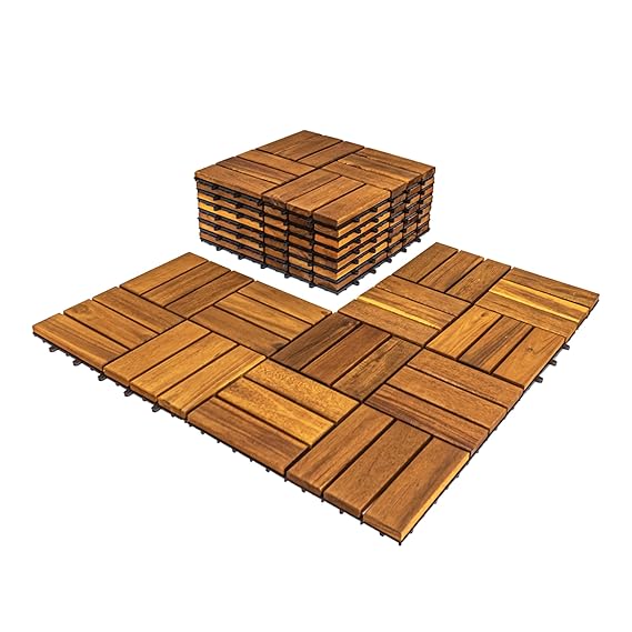 Pack of 10 Deck Tiles - Interlocking Natural Solid Acacia Wood for Outdoor Indoor, Patio Garden, Balcony, Poolside - Golden Teak Color