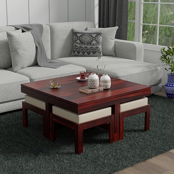 Solid Sheesham Wood Coffee Table with 4 Stool | Square Centre Table with Stool | Center Table with 4 Stools for Living Room | Patio Table with 4 Puffy for Home | Espresso Finish