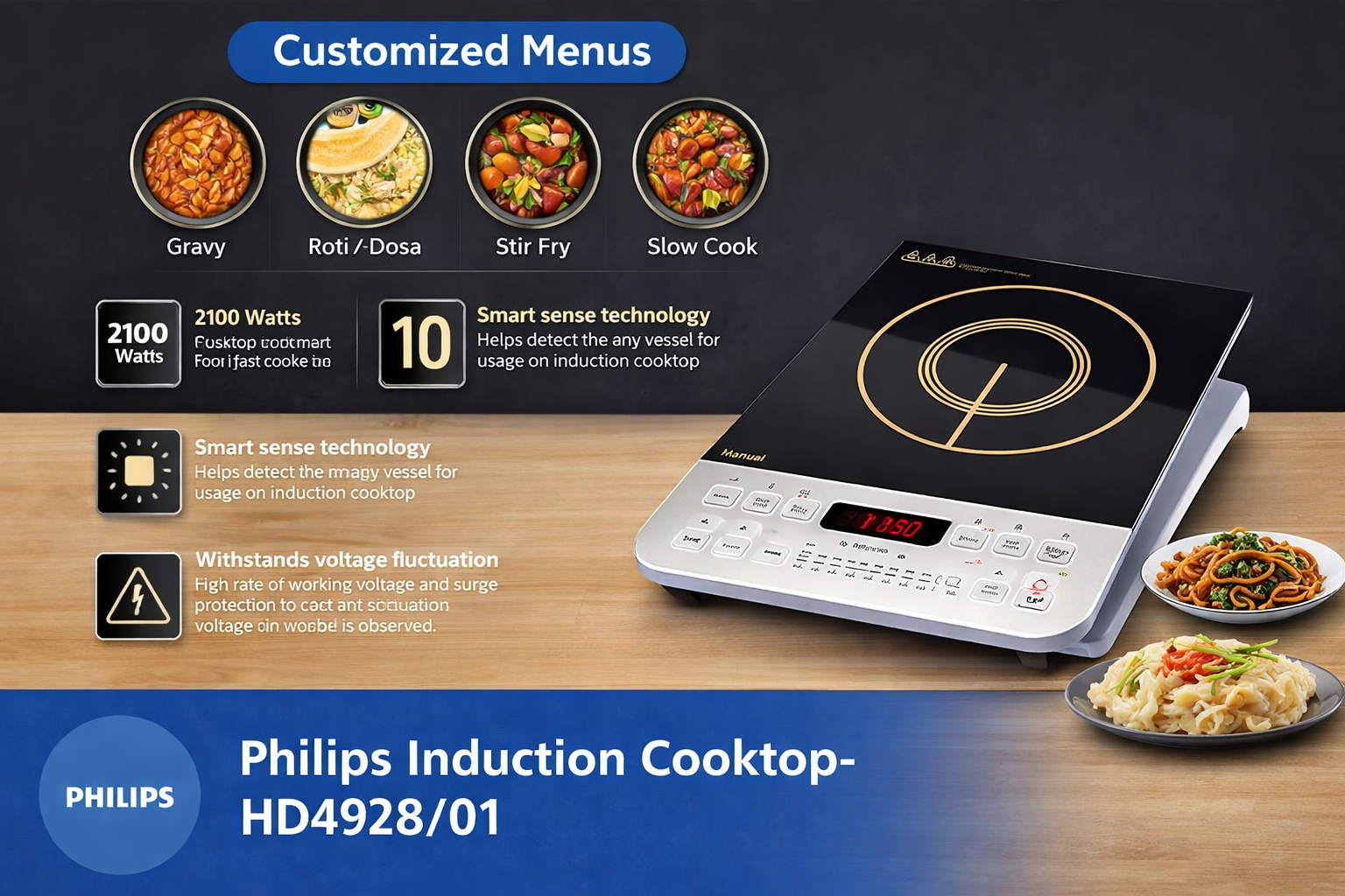 P>Philips Viva Collection HD4928/01 2100-Watt Induction Cooktop, Soft Touch Button with Crystal Glass (Black)