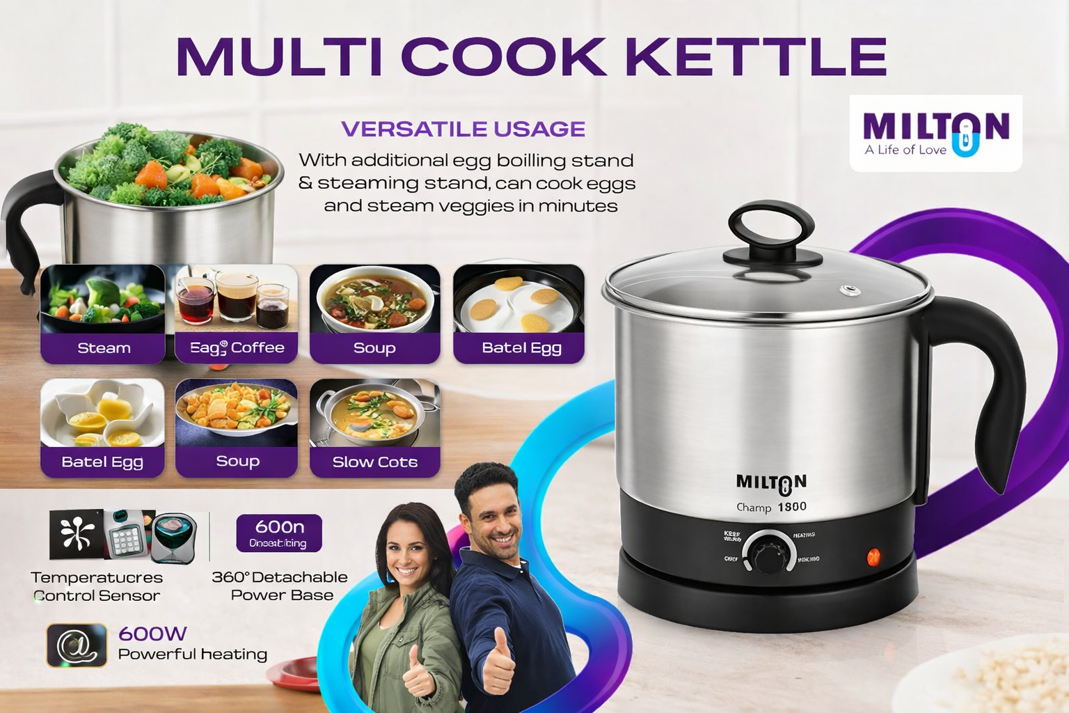 Milton Champ 1.5L 600W Electric Multi Cook Kettle with Steamer | Multipurpose Electric Kettle for Boiling Eggs, Water, Milk, Tea, Noodles &amp;amp; Soup | Stainless Steel Body | 3 Modes |