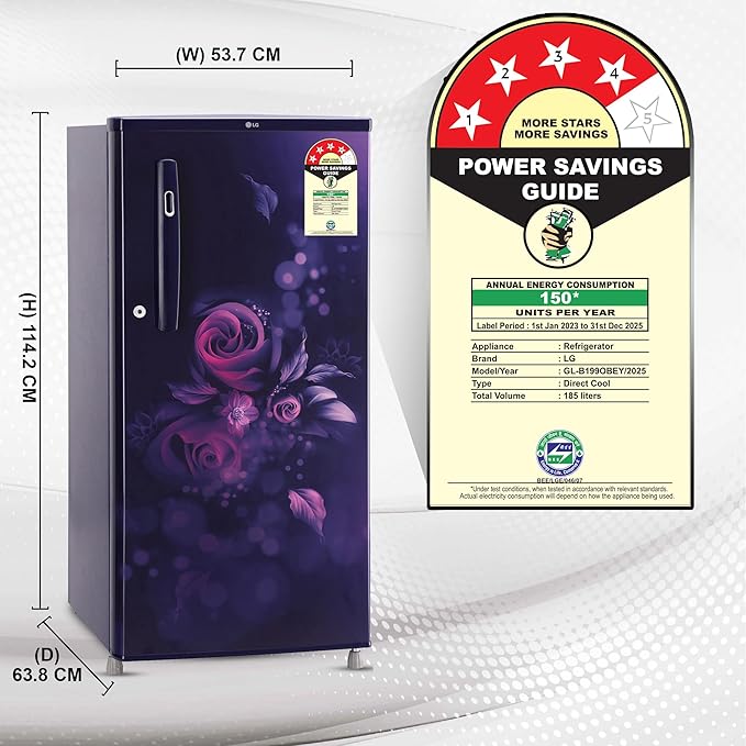 LG 185 L, 4 Star, Smart Inverter, Direct-Cool Single Door Refrigerator (GL-B199OBEY, Blue Euphoria, Smart Connect &amp;amp; Fast Ice Making)