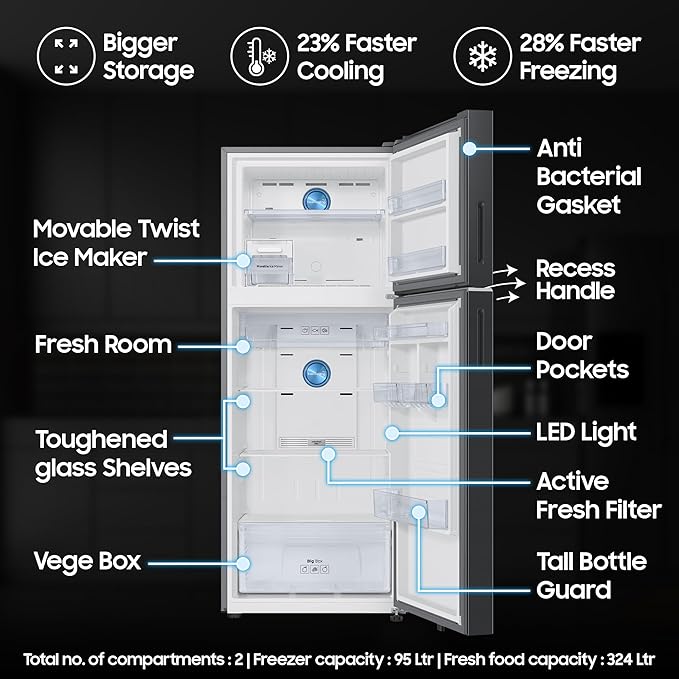 Samsung 419 L, 3 Star, Convertible 5-in-1, Digital Inverter, Frost Free Double Door, Bespoke AI WiFi Enabled Refrigerator (RT45DG6A4DB1HL, Black Matte/Black DOI)