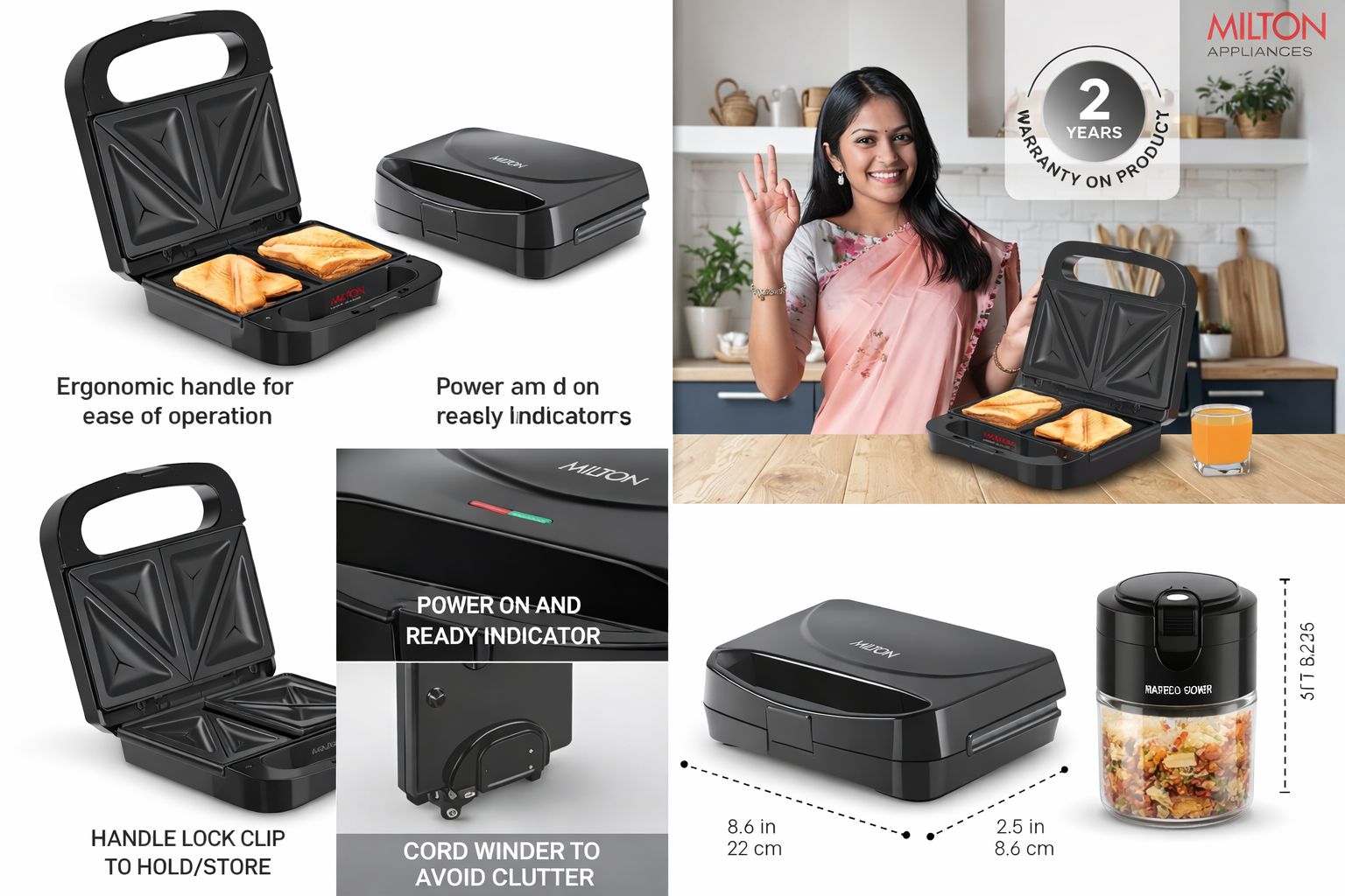 Milton Sandwich Maker HSM011, Sandwich Griller and Toaster, 750 Watt Sandwich Maker Electric Griller for Home, Non Stick Coated Dual Grill Sandwich Plates for Sandwiches, 2 Year Warranty, Black