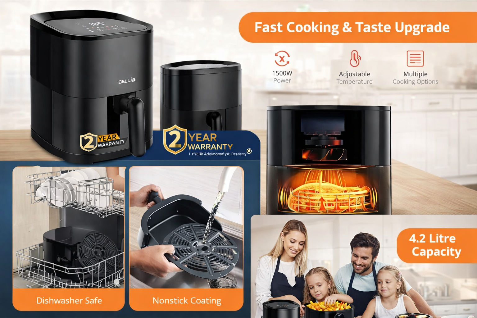 iBELL AEROFRY420DM Air Fryer 4.2 Litre - 1500W with Multiple Cooking Options, Dishwasher Safe, Non-stick Coating &amp;amp;amp;amp; Adjustable Temperature Control (Black)