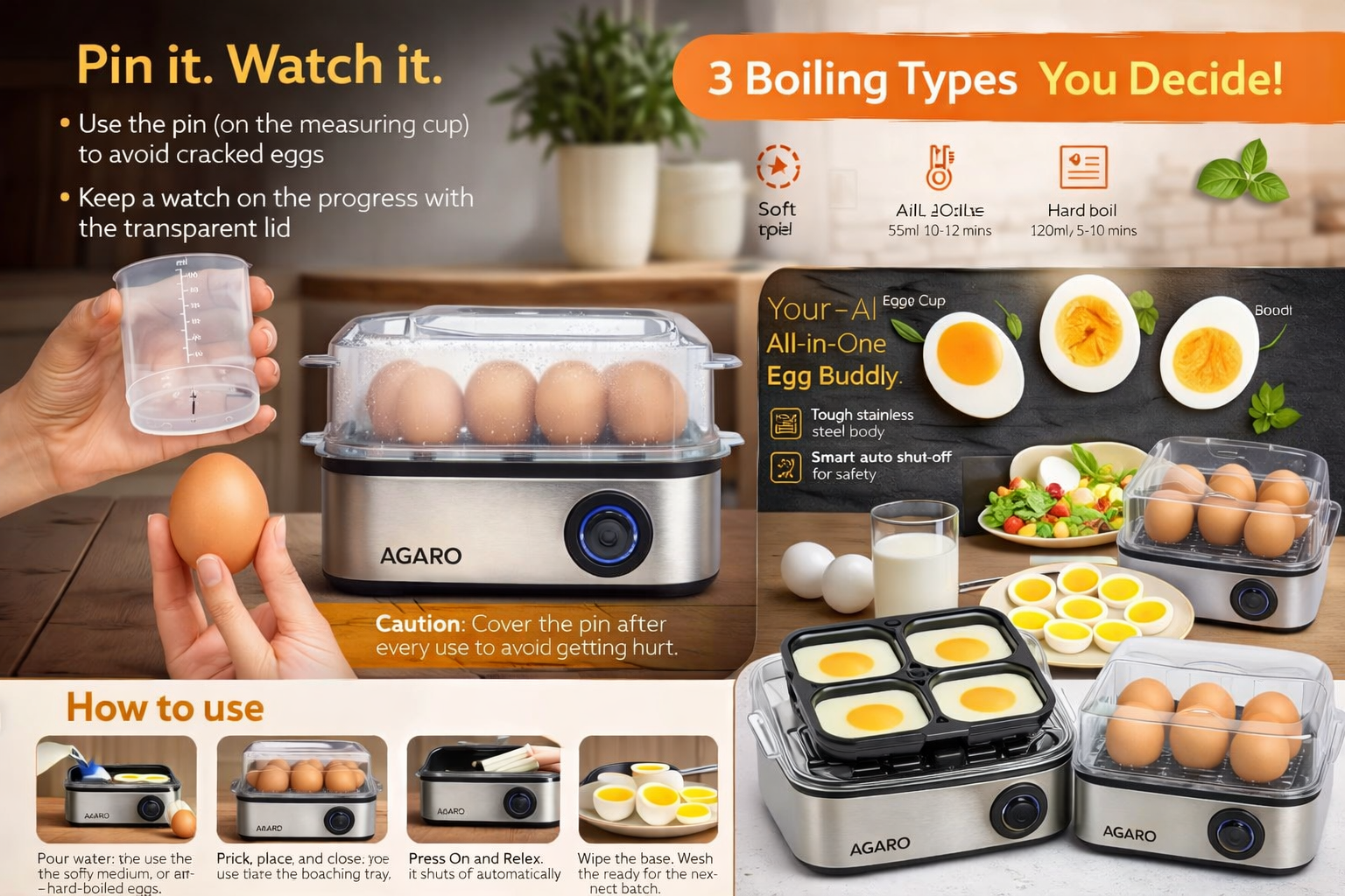 AGARO Grand Egg Boiler And Poacher, 2-in1 Boils 8 Eggs, Poach 4 Eggs, Steamed Vegetables, 3 Boiling Types, Stainless Steel Body, Transparent Lid, 500W, Silver