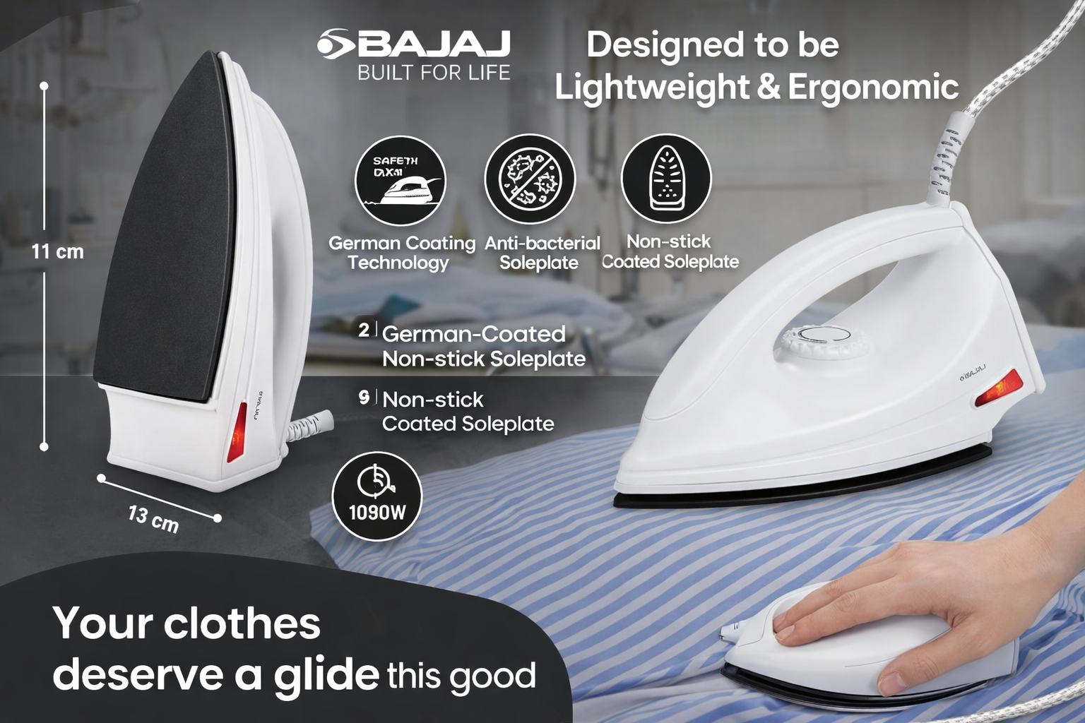 Bajaj DX-6 1000 Watts Dry Iron | Advance Soleplate And Anti-Bacterial German Coating Technology | Thermol Fuse Safety | Auto Shut-Off | Cool Touch Body | 【White】