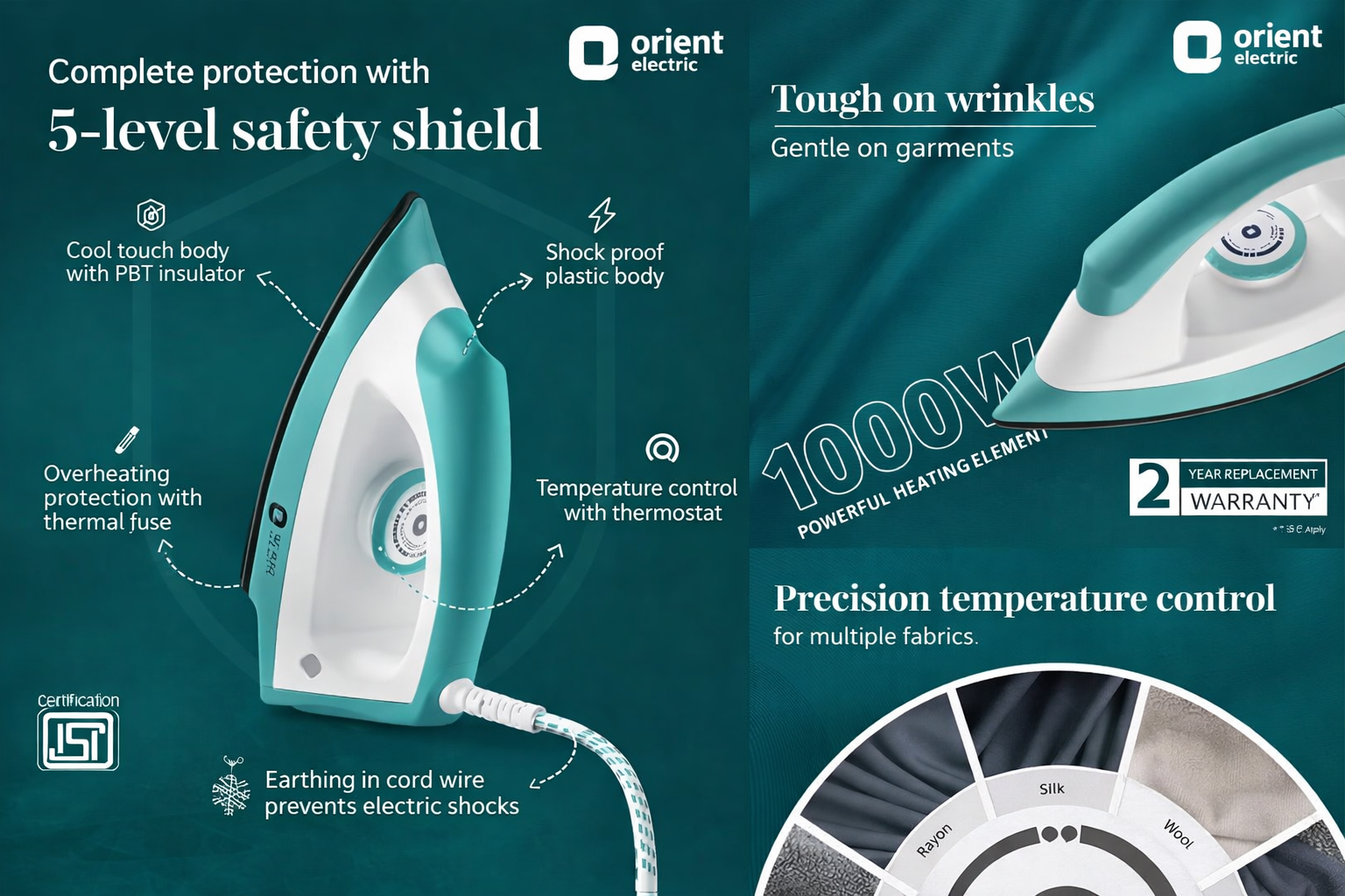 Orient Electric Fabrijoy 1000 Watt Dry Iron for clothes with Weilburger Non Stick Soleplate coating | 5 level safety|  by Orient