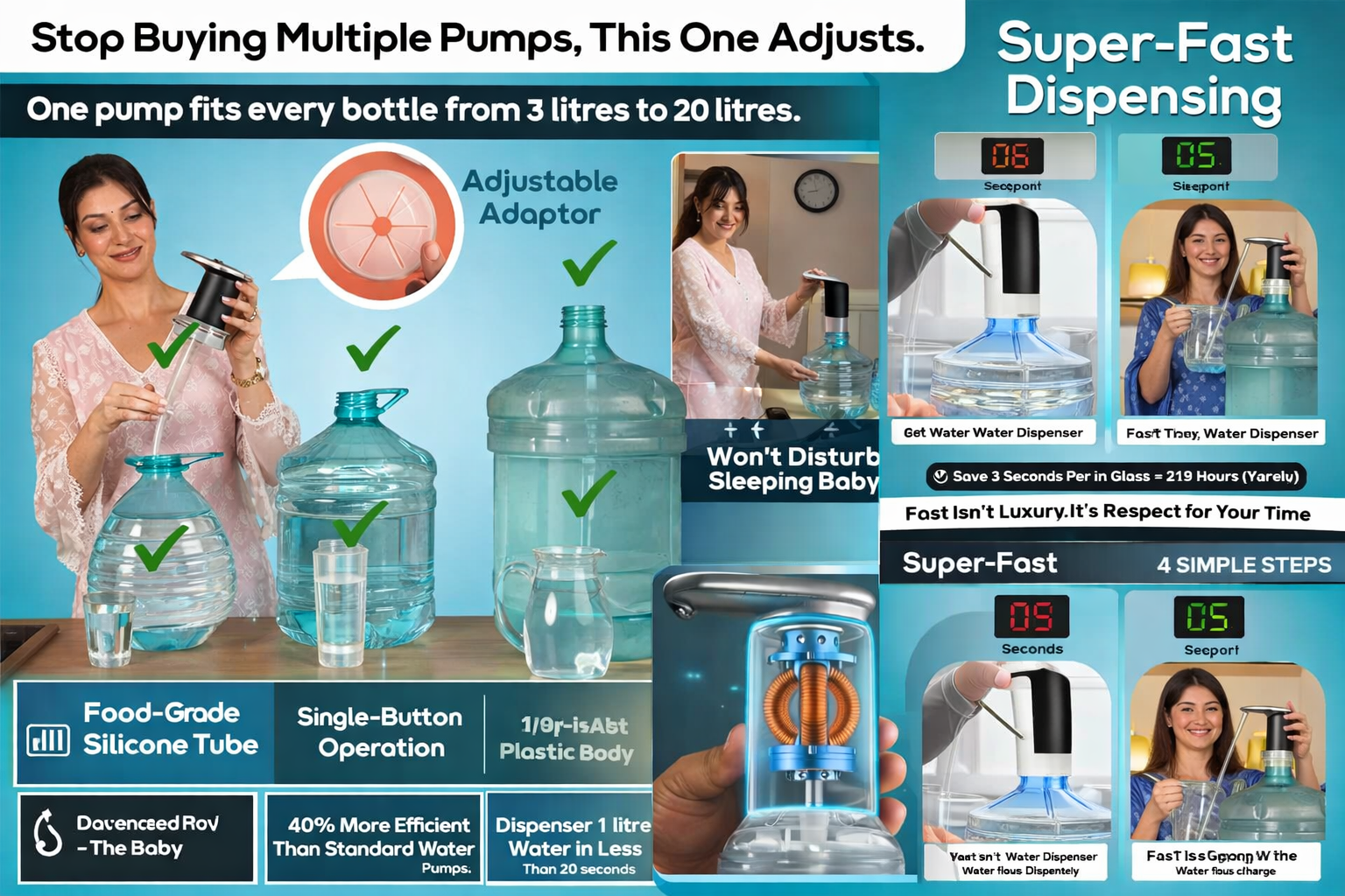 InstaCuppa Silent Water Dispenser, BLDC Brushless Motor, Won&amp;#039;t Wake Baby &amp;lt;45dB, 2000mAh Month-Long Battery, Fits All 3L-20L Bottles, Ultra-Fast Dispensing, USB-C Rechargeable