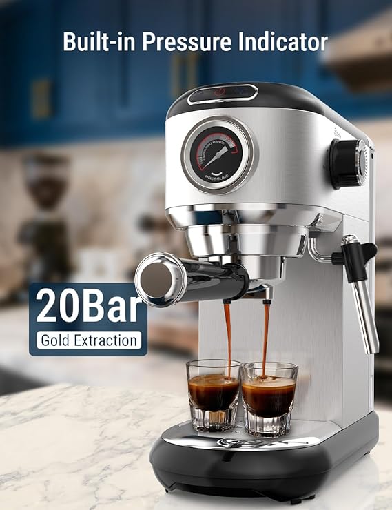 COSTAR Coffee Maker Machine for Home, Professional 20 Bar Espresso Machine for Ground Coffee&amp;amp;Capsules, Compact Stainless Steel Espresso Maker with Milk Frother Wand for Cappuccino, Latte, 1450W