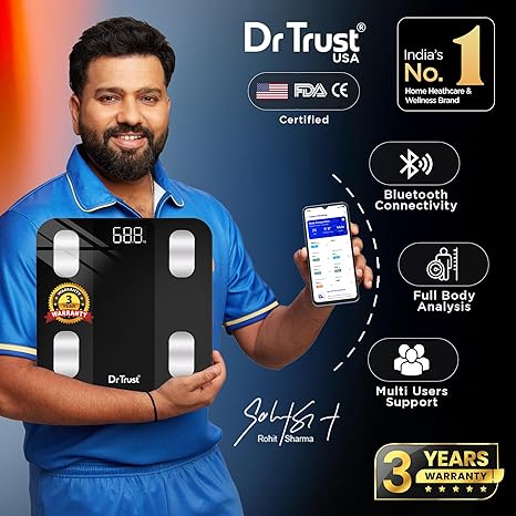 Dr Trust USA 526 Legend BMI Weight Scale Body Fat Analyzer with IOS/Android App Sync,14 Essential Composition Metrics Weighing Machine for Home Health Monitoring (Black)