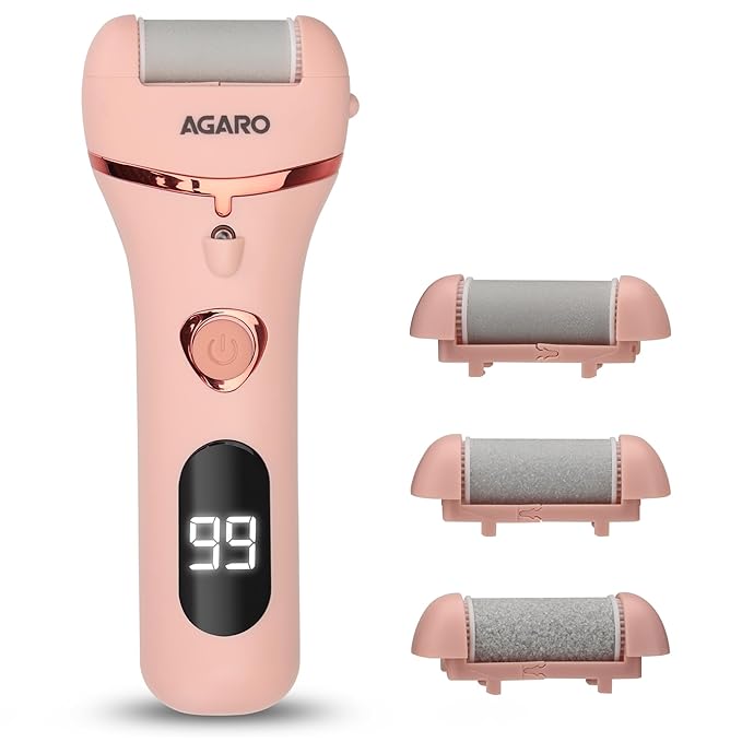 AGARO Callus Remover with 3 Interchangeable Head Rollers, Electronic Foot Scrubber For Callus &amp; Dead Skin Removal, Pedicure Device, 2 Speed, Rechargeable Foot Care, Waterproof, CR1727, Pink