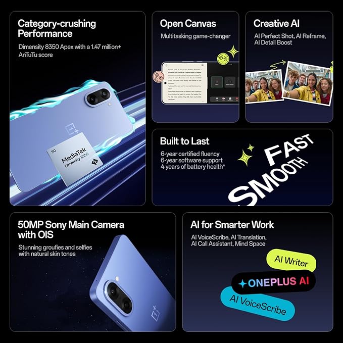 OnePlus Nord CE5 | Massive 7100mAh Battery | MediaTek Dimensity 8350 Apex | Powered by OnePlus AI | 8GB + 128GB | Black Infinity