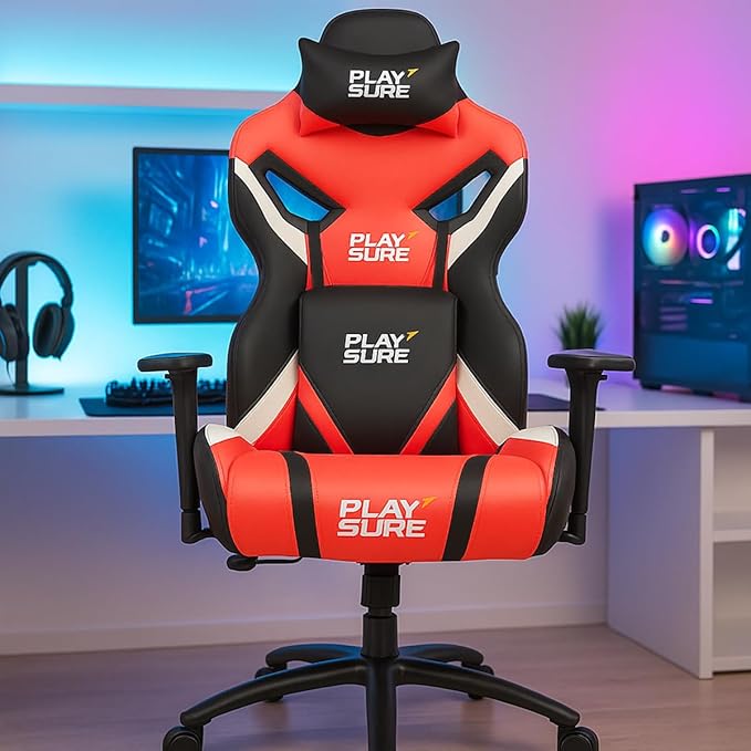 Make My Chairs V-25 Computer Gaming Chair|3D Adjustable Armrest,Leatherette Cushion Seat &amp; Back| Multi-Position Lock with Neck &amp; Lumbar Pillow Pc Gamer Ergonomic Chair