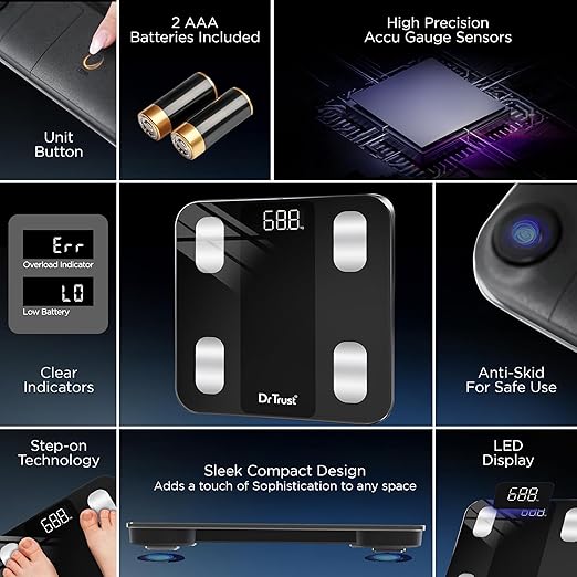 Dr Trust USA 526 Legend BMI Weight Scale Body Fat Analyzer with IOS/Android App Sync,14 Essential Composition Metrics Weighing Machine for Home Health Monitoring (Black).