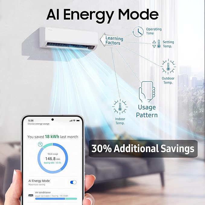 Samsung 1.5 Ton 5 Star AI Inverter Smart Split AC (WiFi, Energy Saving, Voice Control, Powerful Cooling, Copper, Digital Inverter, 4 Way swing, 5 Step Convertible, BESPOKE AI