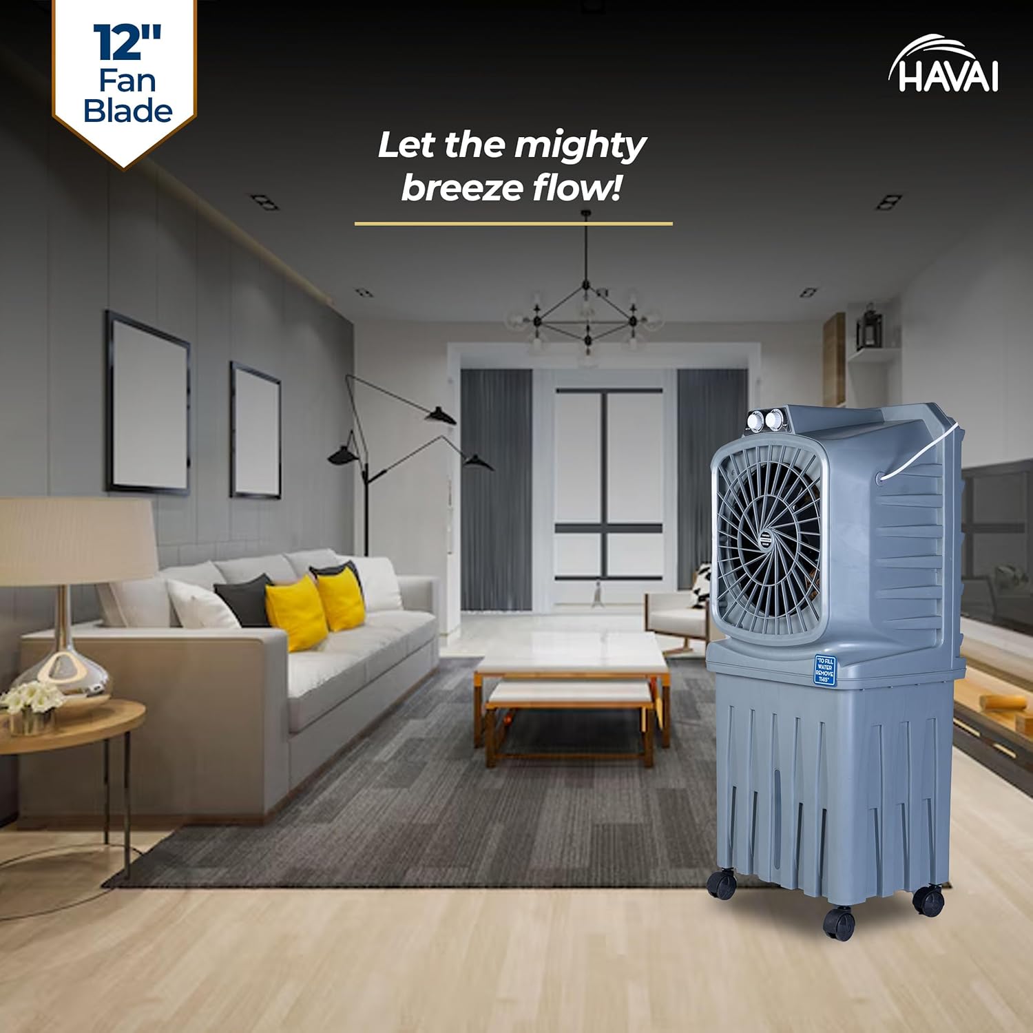 HAVAI Mighty 12 Personal Air Cooler | 12 inch Blade | 50L Tank Capacity, 120W Power, 200 Sq. Ft. Area Coverage | 15 Ft. Air Throw, 3-Speed Control, Grey
