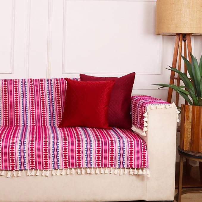 STITCHNEST Woven 1 Seater Sofa Protector with 2 Hand Rest Covers – Purple &amp; White Stripe Design – Washable Fabric with Tassels – Stylish Sofa Cover for Modern Living Room &amp; Furniture Décor