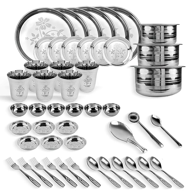 Stainless Steel Dinner Set | Family Dinner Set | Complete Dinnerware | Bartan (Set of 51 - Serves 6 - Floral Design)