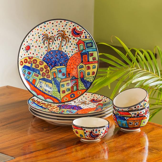 Exclusive Lane Hut Dining Ceramic Dinner Set (8 Pieces, Serving for 4, Dishwasher Microwave Safe, Handpainted) |Dinner Set for Gift Ceramic Plates and Bowls Set Dinnerware Sets Plates for Dinner