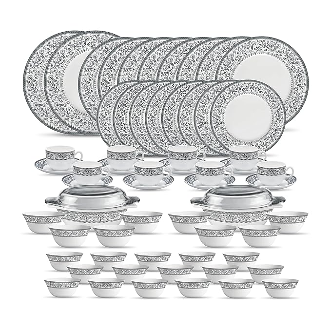 La Opala, Sovrana Collection, Opal Glass Traditional Dinner Set 62 Pcs, Persian Grey, White