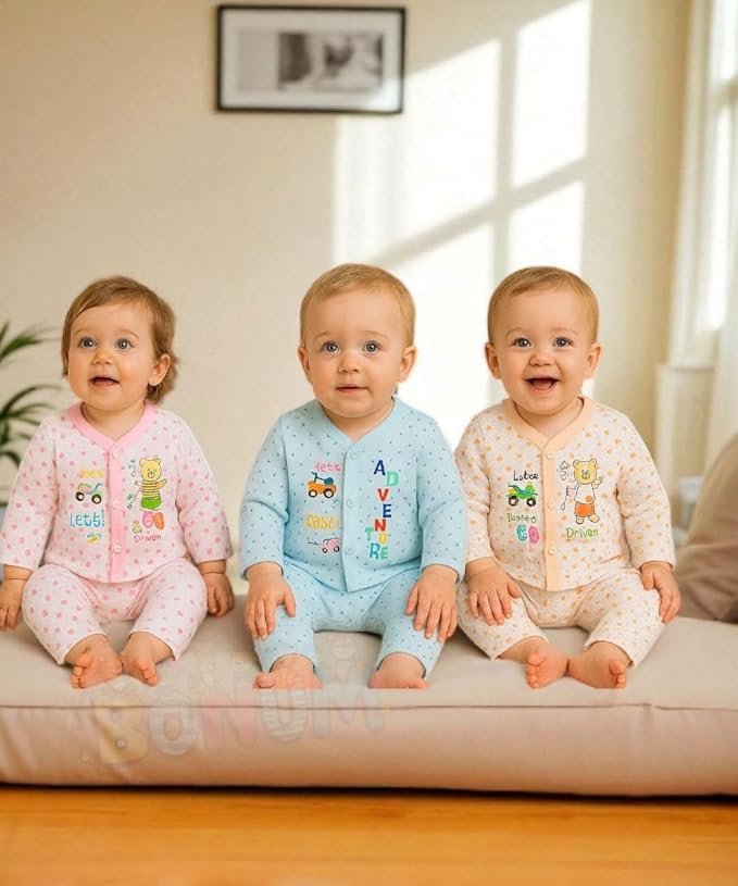 BONUM Baby Boy Girl 100% Cotton Button Shirt with Pyjama Pant Set of 3 New Born Baby Clothes