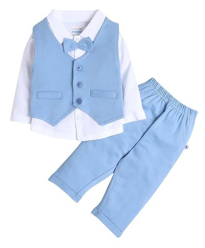 BUMZEE Powder Blue White Boys Full Sleeves Shirt Waistcoat Pant Set With Applique Bow (Peb9069).