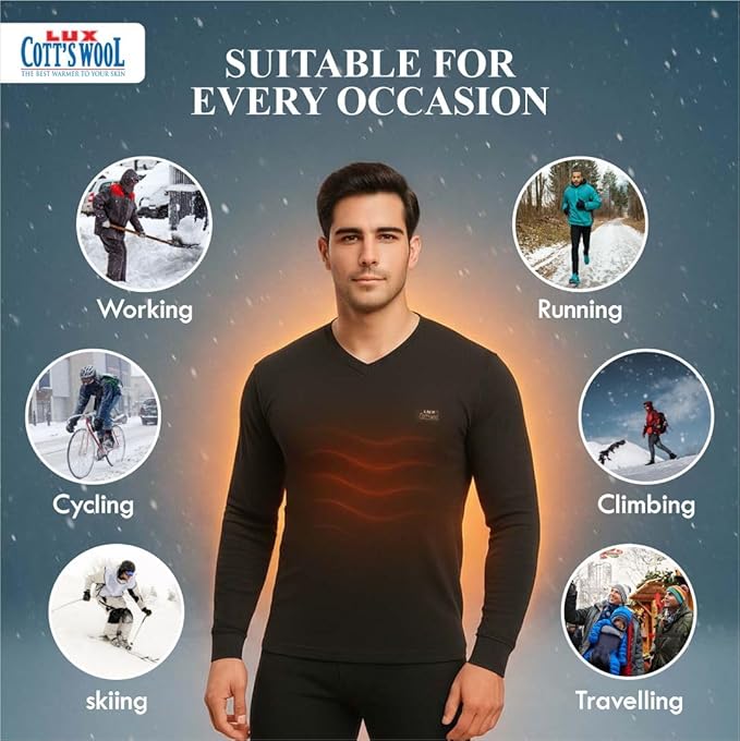 Lux Cottswool Men Cotton Thermal Set | Top Bottom Body Warmer | V-Neck Winterwear | Full Sleeves Snug Fit with Stay Warm Technology | Skin Friendly with Superior Heat Retention