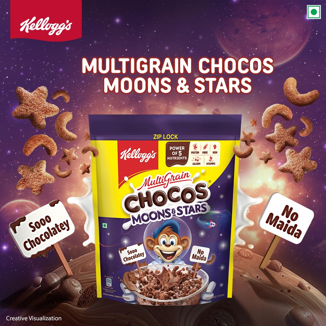 Kellogg Chocos Moons Stars, With Whole Grain, Source Of Fibre, High In Calcium Protein, With 10 Essential Vitamins Minerals, Breakfast Cereals, 1.15 /1.2 Kg Pack (Weight May Vary)
