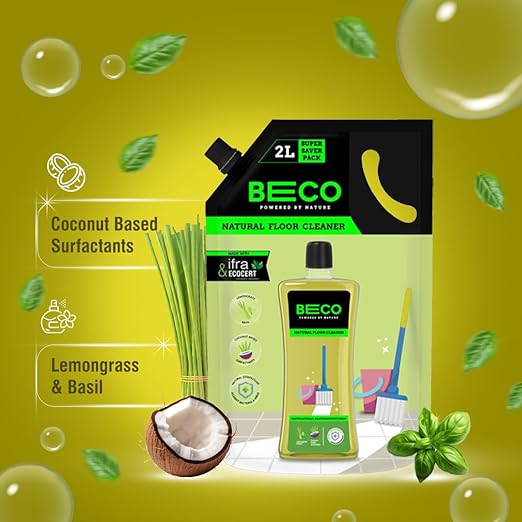 Beco Natural Disinfectant Surface Floor Cleaning Liquid | 2L Refill Pack | Non Toxic Germ Kill Formula | Lemongrass Basil Freshness |Safer than Phenyl| Kids Safe, Pet Friendly Floor Cleaner Liquid