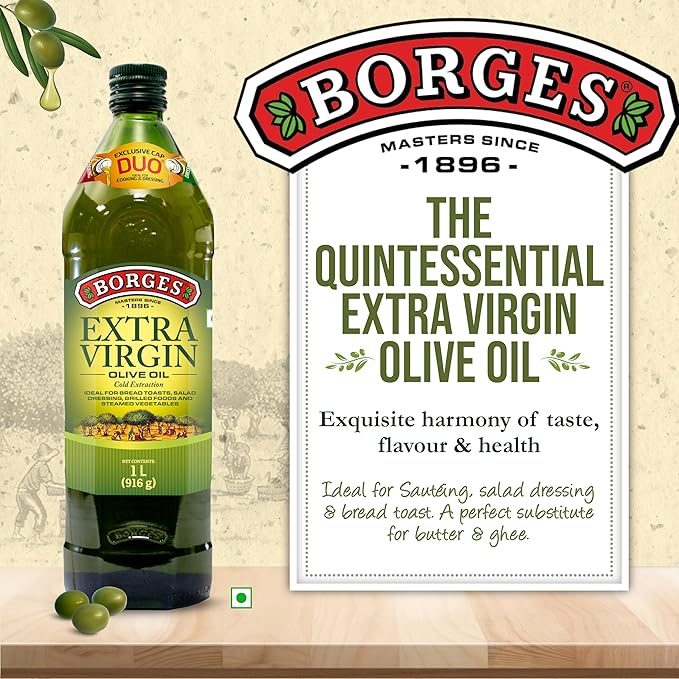 Borges Extra Virgin Olive Oil - 1L Glass |Unrefined Cold Pressed Oil Packed in Spain |75% MUFA | Rich in Antioxidants | Ideal For low heat cooking like sauteing grilling, salad dressing