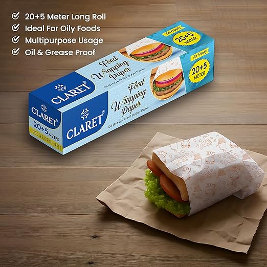 Claret Eco-Friendly Food Wrapping Paper | 20+5 Meter | Keeps Food Fresh | Butter Paper Roll For Tiffin Roti Snacks | Non-Stick &amp; Safe For Kitchen Use (Pack Of 1)