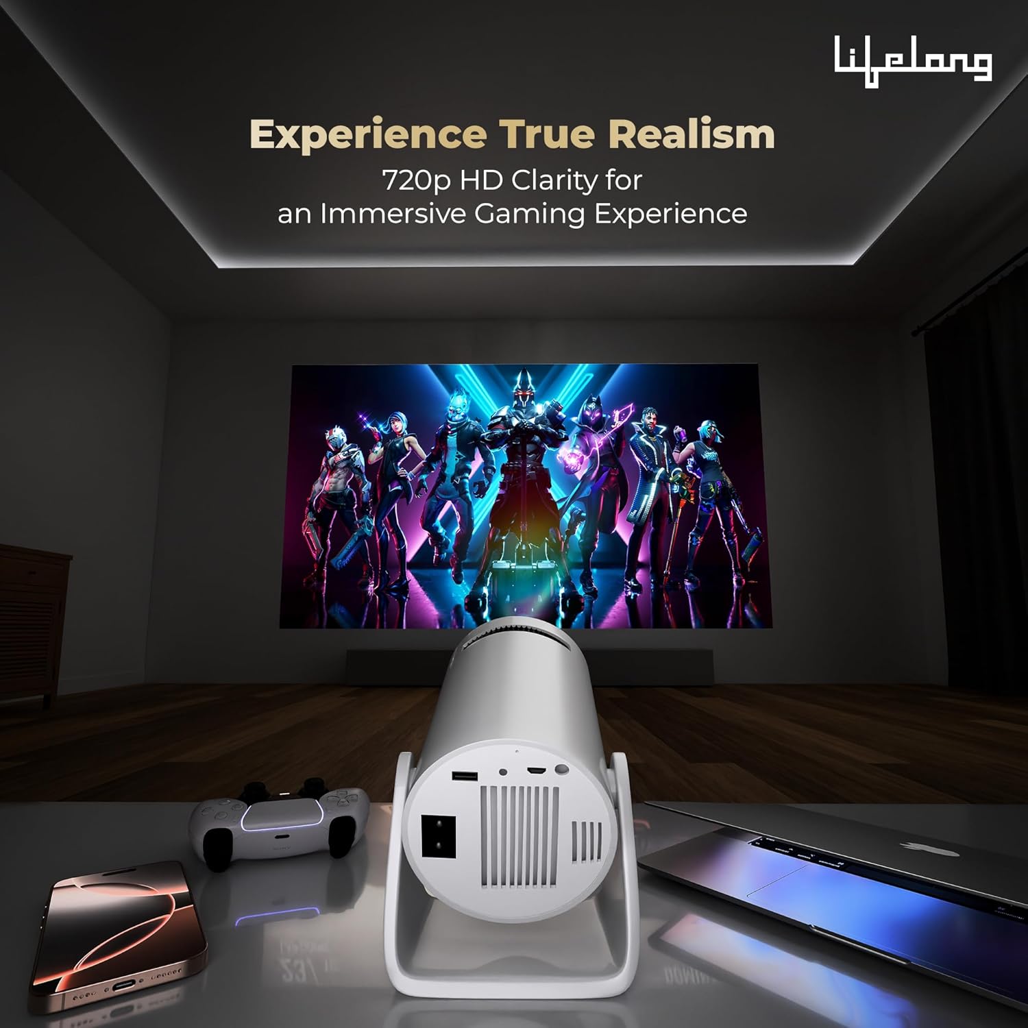 Lifelong Electronics Lightbeam Smart Projector | Android, 1080P&amp; 4K Ultra Support, 3000 Lumens, 720p Native | for Room &amp; Outdoors | All OTT Apps | WiFi/BT, Mirroring, USB, HDMI, 180°, Speakers