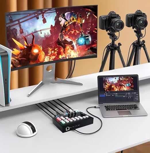 MICROWARE FHD 4 Channels HDMI Video switcher for Live Streaming Support HD Embedded Audio and External Analog Audio, Video switcher for Live Streaming 4 in 2 Out HDMI Video switcher