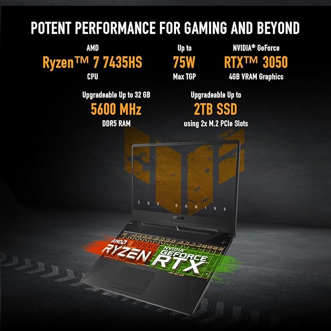 ASUS TUF Gaming A15, AMD Ryzen 7 7435HS Gaming Laptop(NVIDIA RTX 3050-4GB/60W TGP/16GB RAM/512GB SSD/FHD/15.6"/144Hz/RGB KB/48WHr/Windows 11//Graphite Black/2.30 Kg) FA506NCR-HN054W