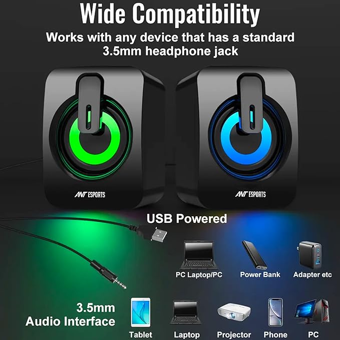 Ant Esports GS170 Gaming Speaker for PC, Stereo 2.0 USB Powered Desktop Speaker with 3.5 mm Aux-in, in-line Volume Control, RGB LED Lights Mini Multimedia Speakers for PC, Laptop, Tablet, Cellphone