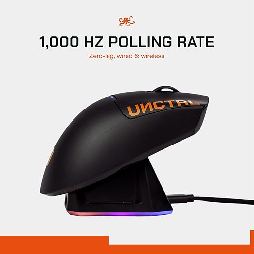 UNCTRL Rage Wireless Gaming Mouse + Dock with PixArt 3395 Sensor/26000 DPI/650 IPS/50G Acceleration/1000Hz Polling Rate/62g Ultra-Lightweight/Huano Switches/Magnetic RGB Charging Dock/100Hr Battery